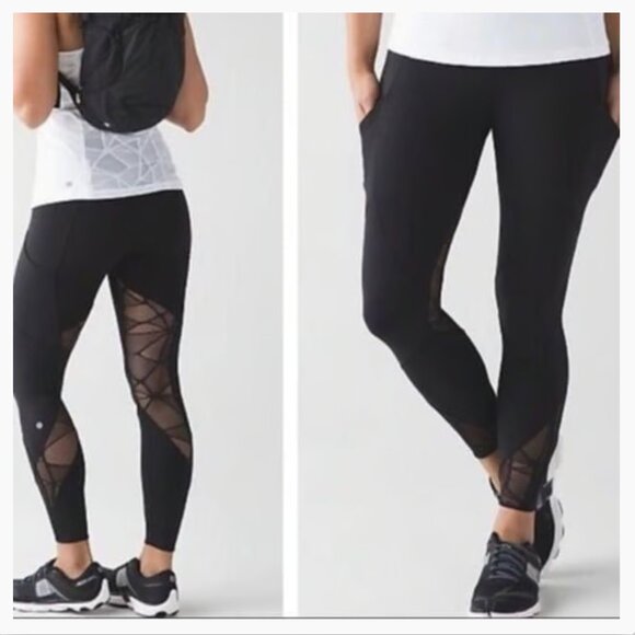 Lululemon Black Lace Mesh leggings Size 6 - Picture 1 of 9